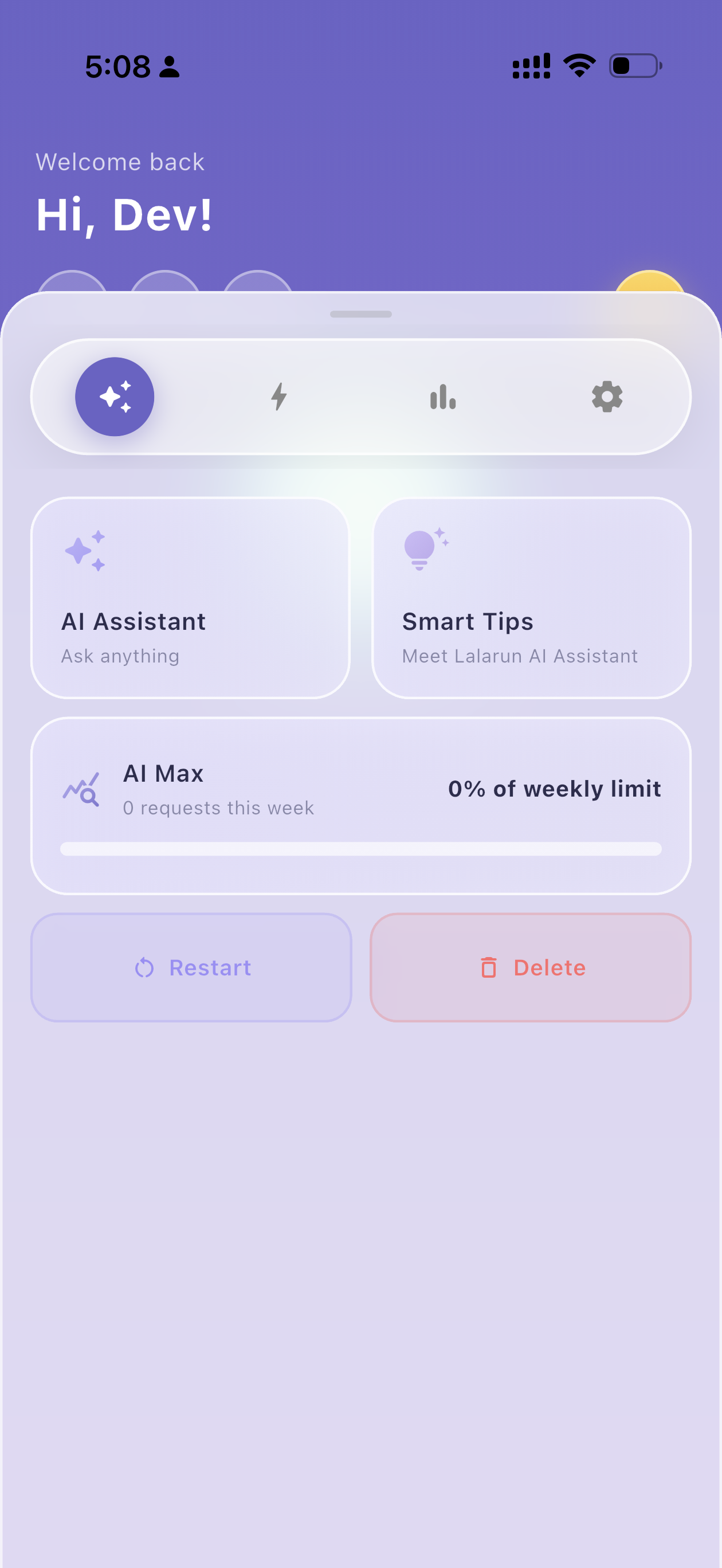 Lalarun AI dashboard with AI Assistant, Smart Tips and usage