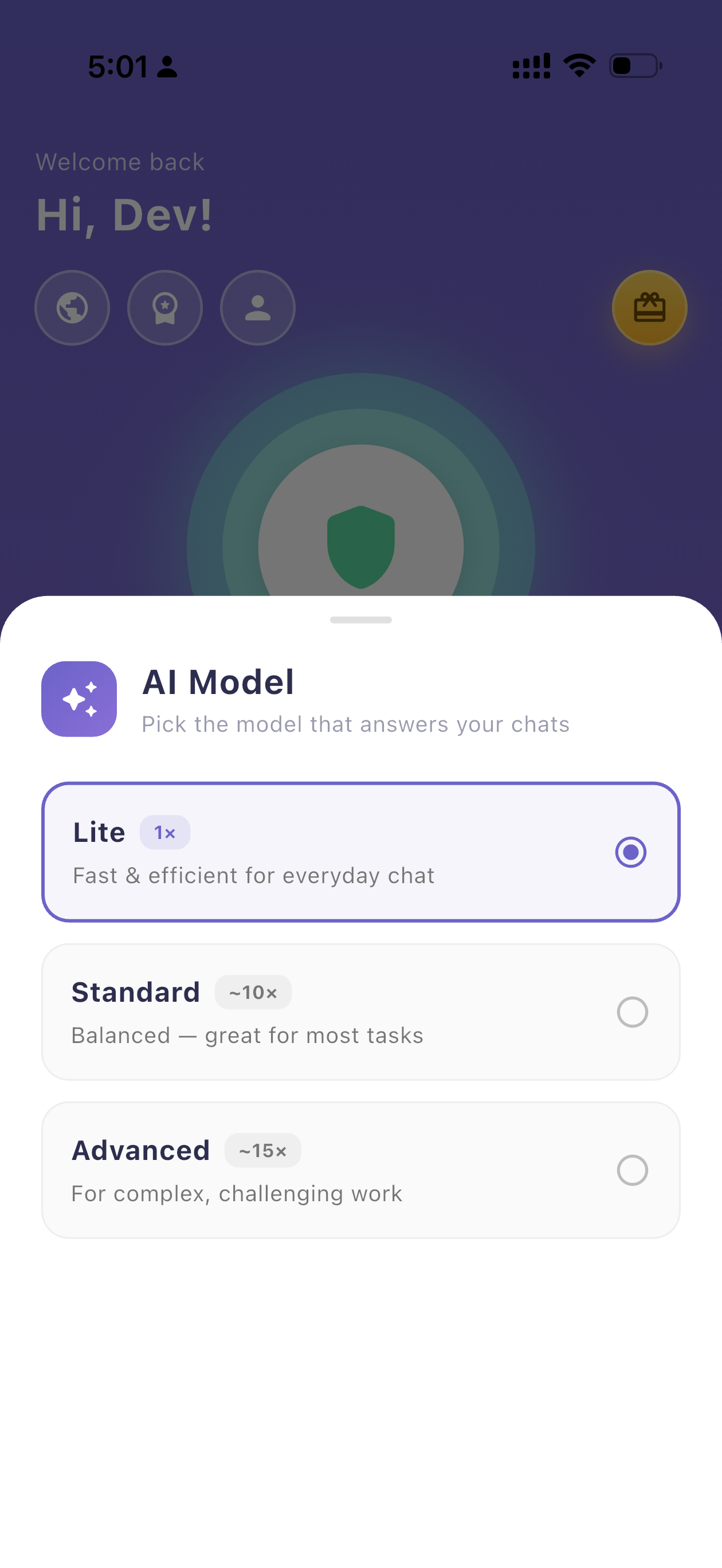 Lalarun AI model picker — Lite, Standard and Advanced