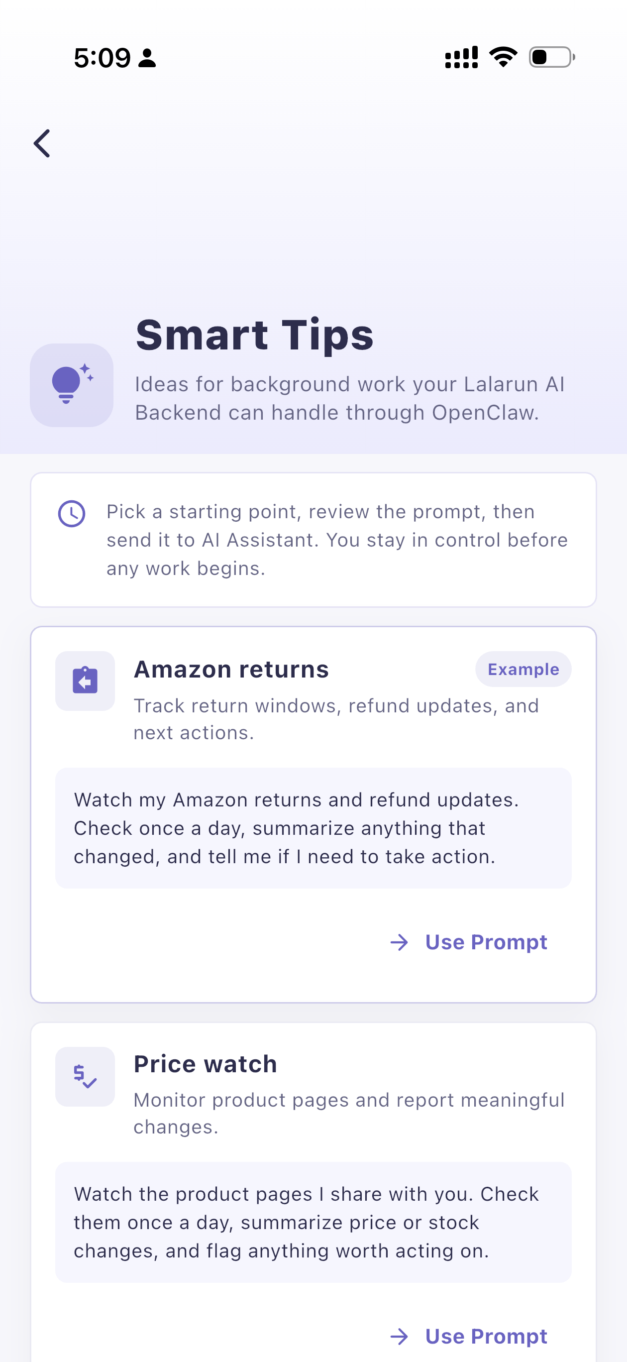 Lalarun Smart Tips with ready-made prompts for Amazon returns and price watching