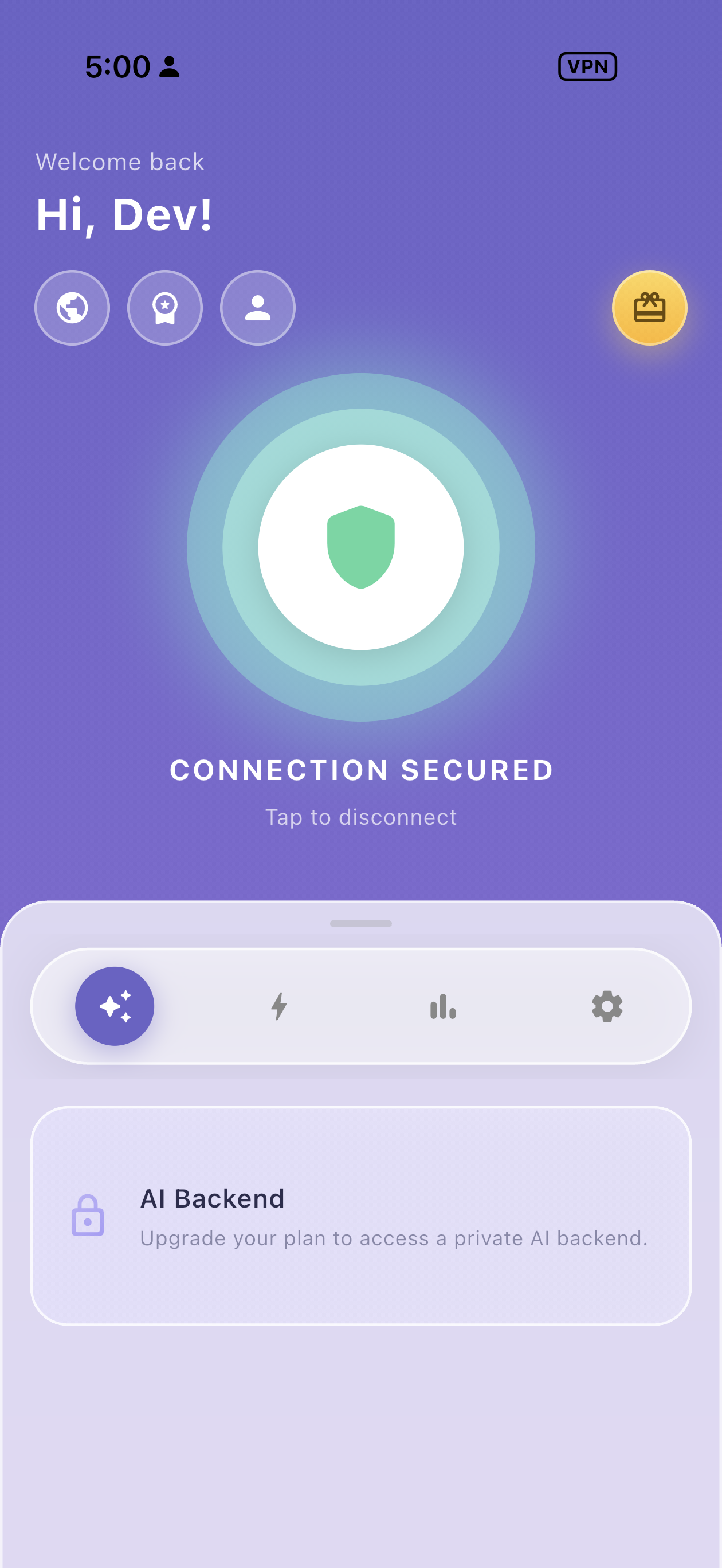 Lalarun showing Connection Secured with the VPN active